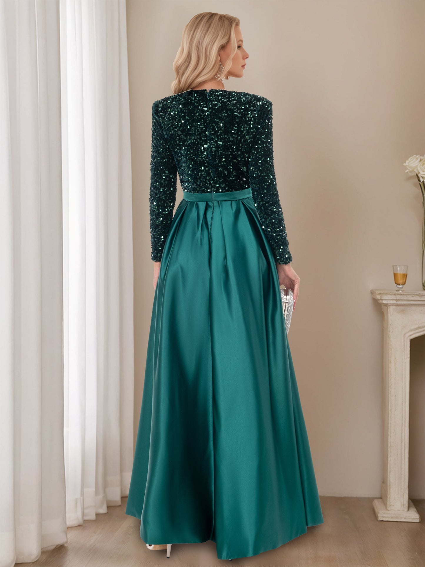 A-Line/Princess V-Neck Long Sleeves Floor-Length Evening Dresses with High Split