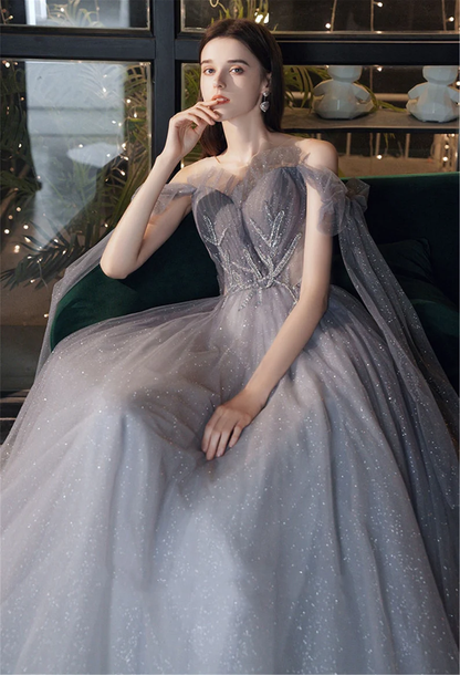 Gray Blue Prom Dress Stunning Glitter Tulle Bridesmaid Dress Long Tulle Sleeves Graduation Dress Illusion Evening Dress Floor Length gh2232