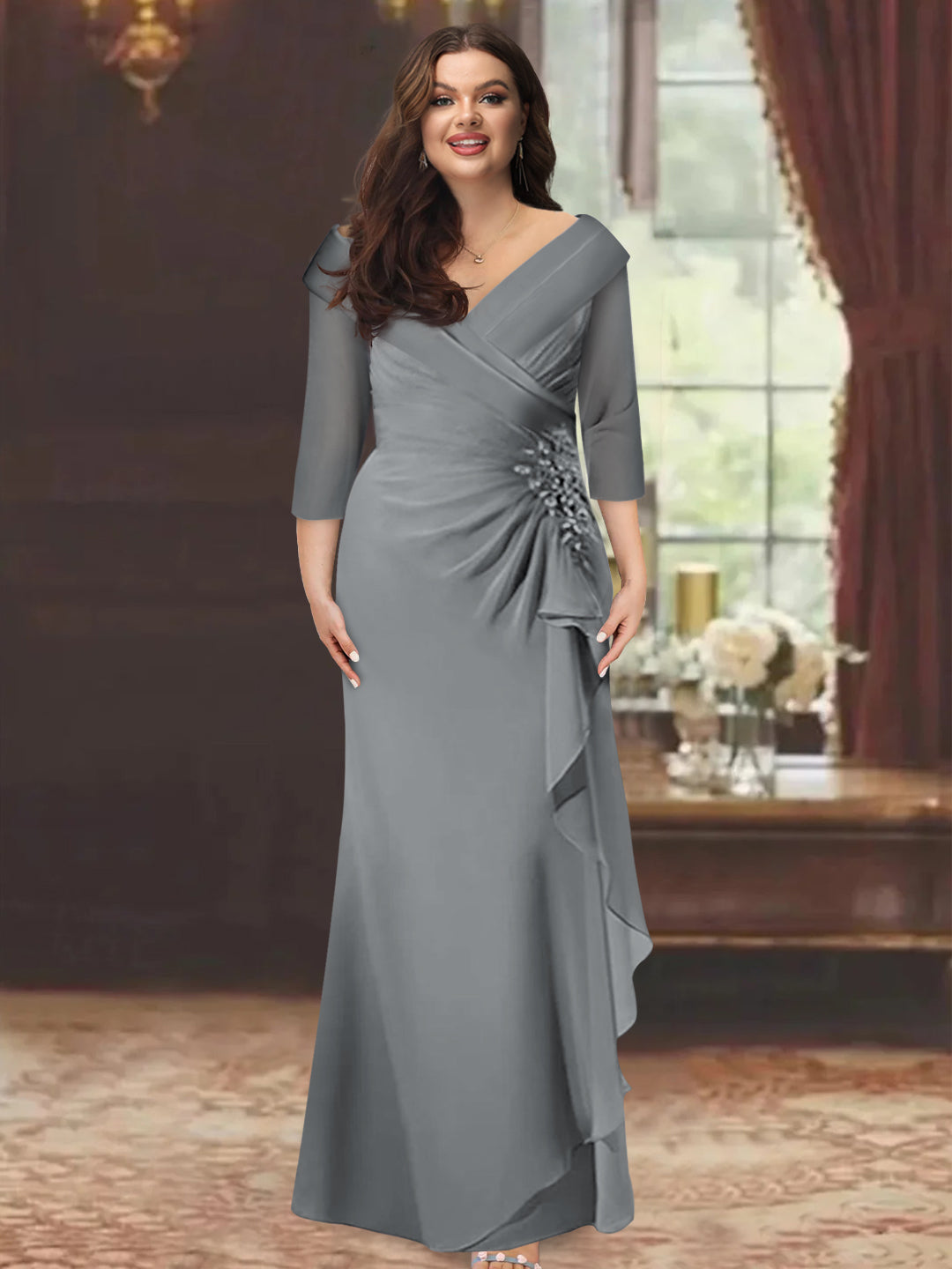 Sheath/Column V-Neck Half Sleeves Floor-Length Plus Size Mother of the Bride Dresses with Ruffles & Appliques