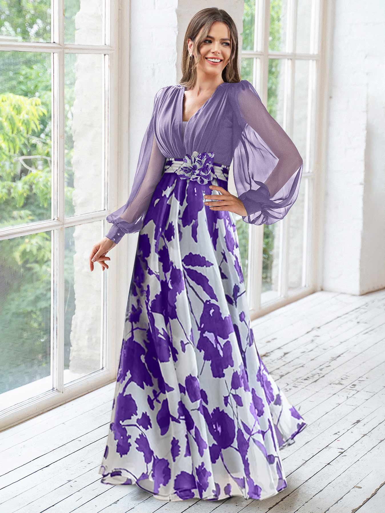 A Line/Princess V-Neck Long Sleeves Floor Length Floral Plus Size Mother of the Bride Dresses With Flower