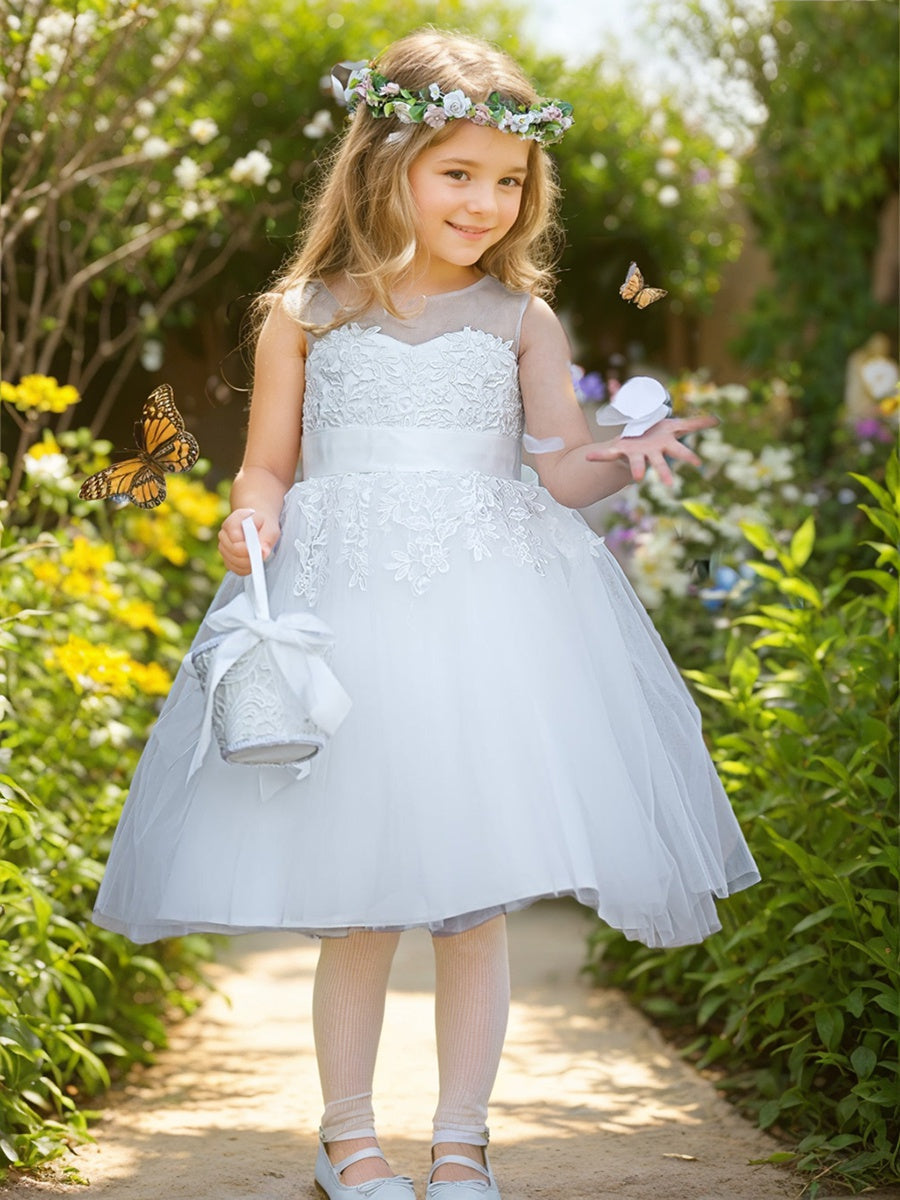 Lace Tulle Knee-length First Communion Flower Girl Dress