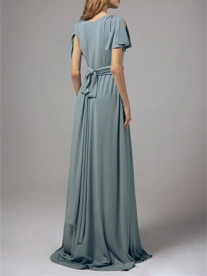 A-Line/Princess V-Neck Short Sleeves Floor-Length Chiffon Wedding Guest Dresses