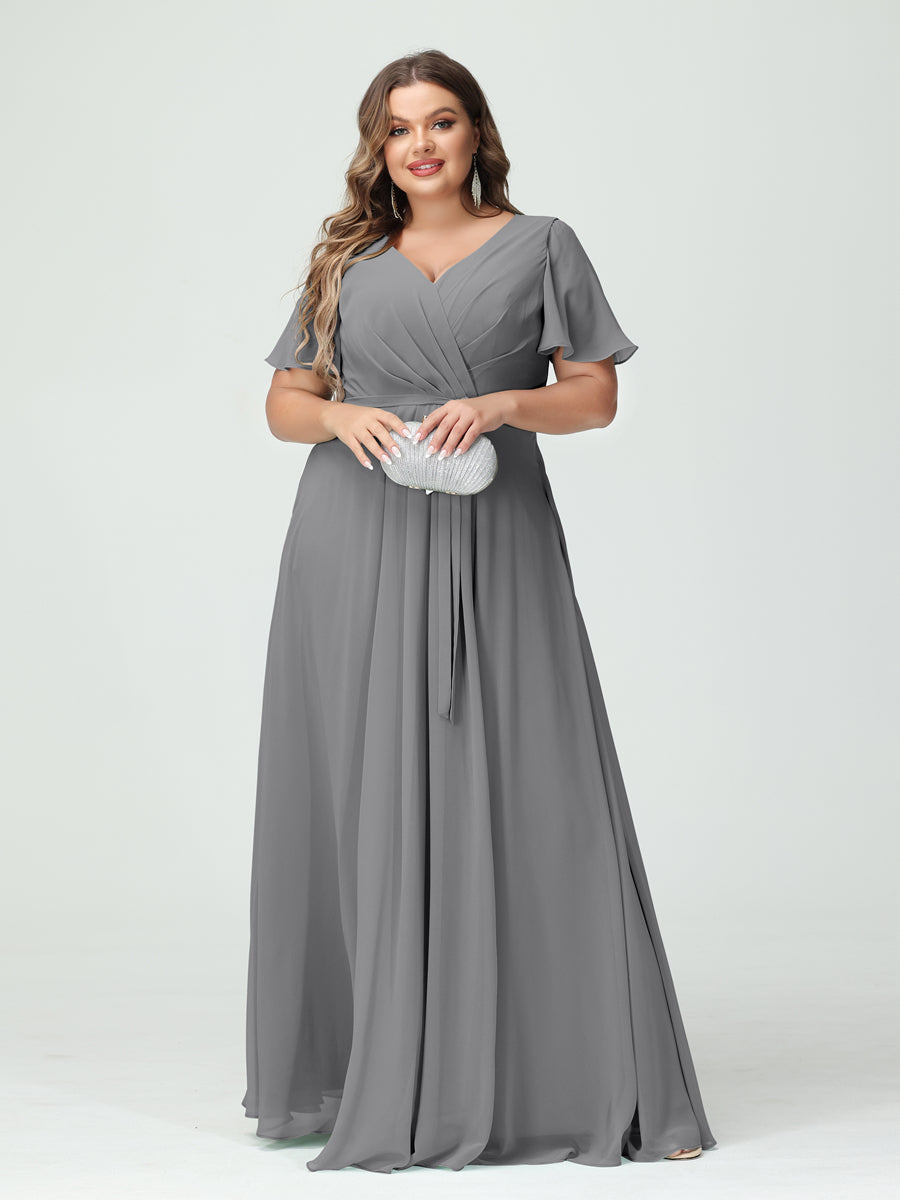 A-Line/Princess V-Neck Short Sleeves Plus Size Bridesmaid Dresses with Pockets Belt & Split Side