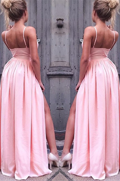 Spaghetti-Straps Pink Prom Dress With Slit PD0284