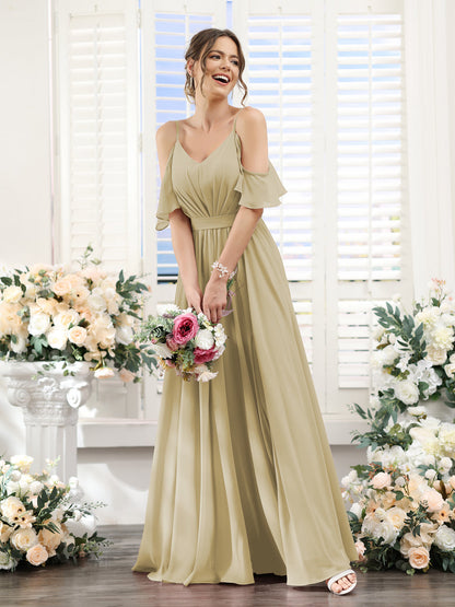 A-Line/Princess Spaghetti Straps Floor-Length Chiffon Bridesmaid Dresses with Split Side & Ruched