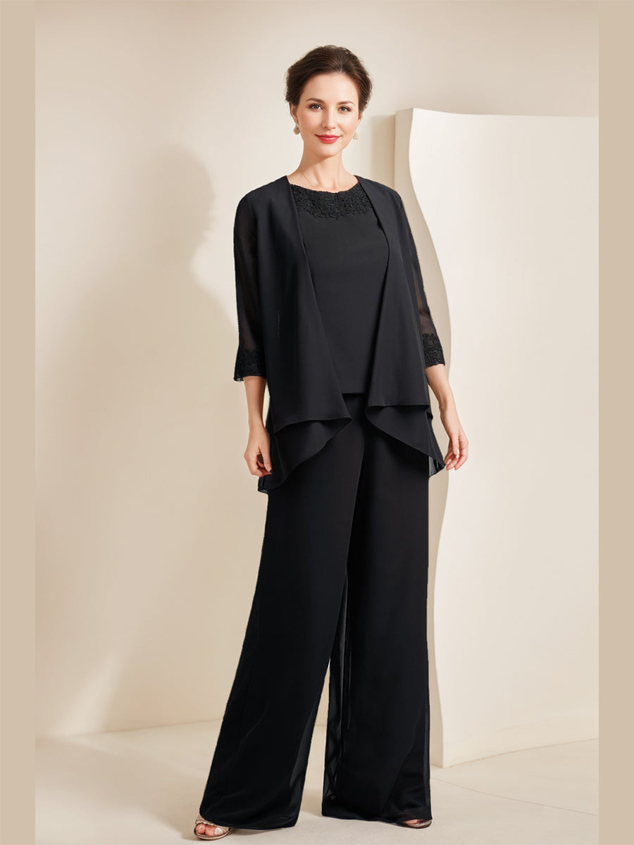 Black Chiffon Scoop 3/4 Sleeves Mother of the Bride Pantsuits with Appliques & Jacket