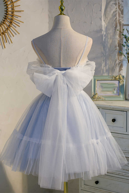 Dreamy Sky Blue Spaghetti Straps Bow-Back Short Party Dress gh1386