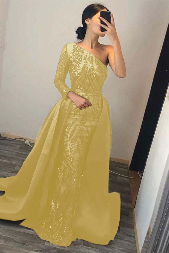 edgynewlook Dark Green Overskirt One Shoulder Long Sleeve Mermaid Prom Dress With Sequins