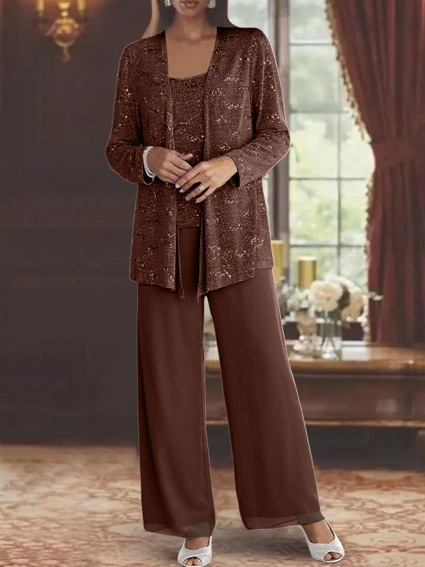 Chiffon Mother of the Bride Pantsuits with Jacket & Sequins