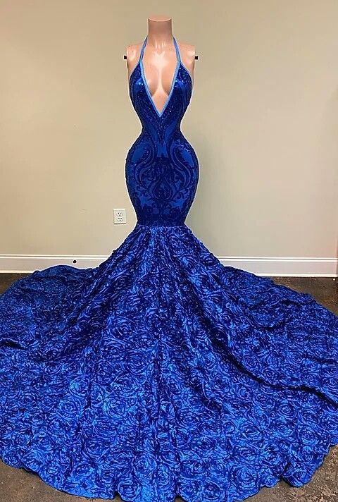 Royal Blue Halter Sleeveless Sequins Prom Dress Mermaid With Flowers Bottom PD0734