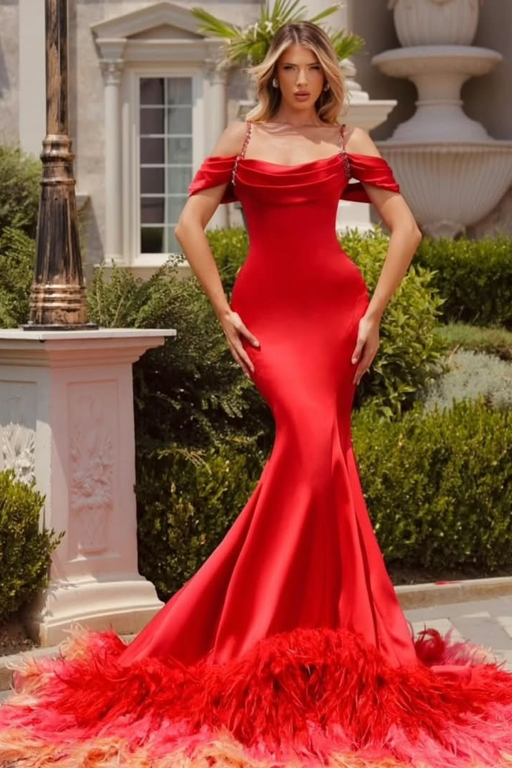 edgynewlook Amazing Red Satin Spaghtti Strap Off the Shoulder Mermaid Prom Dress with Feathers