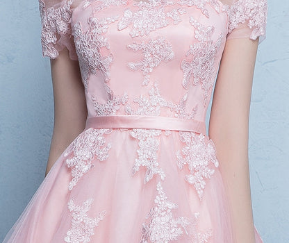 Cute pink tulle lace short prom dress party dress  8311