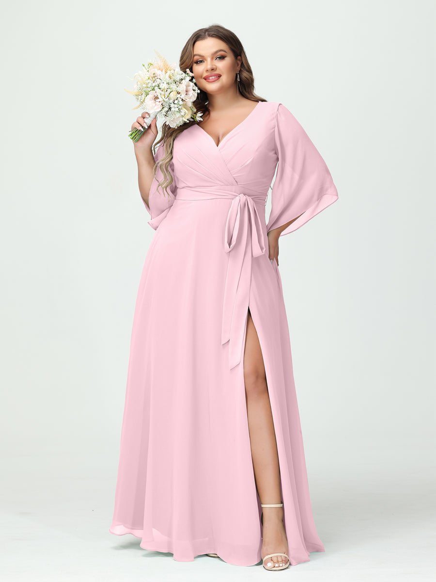 A-Line/Princess/Princess V-Neck Long Sleeves Chiffon Plus Size Bridesmaid Dresses With Pockets Belt & Split Side