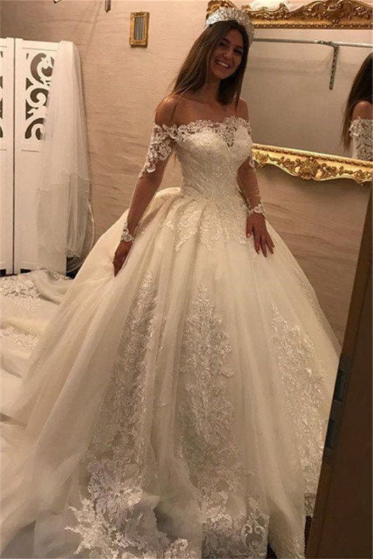 Off-the-Shoulder Long Sleeves Ball Gown Wedding Dress With Lace Appliques PD0948