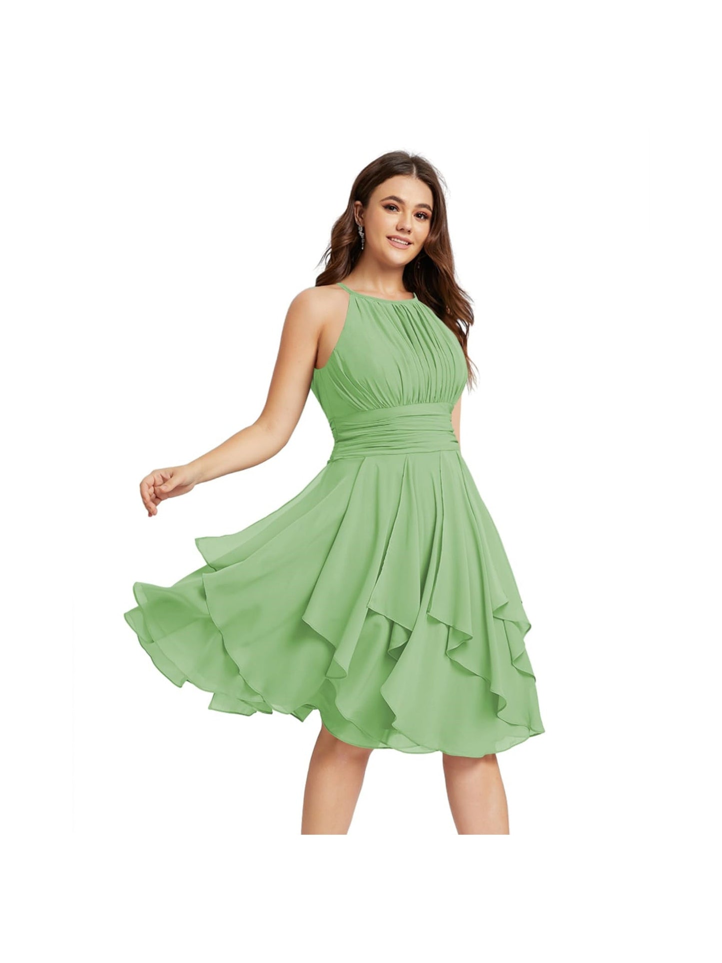 A Line/Princess Halter  Sleeveless Short/Mini  Bridesmaid Dresses Chiffon Ruffle Pleated Pockets