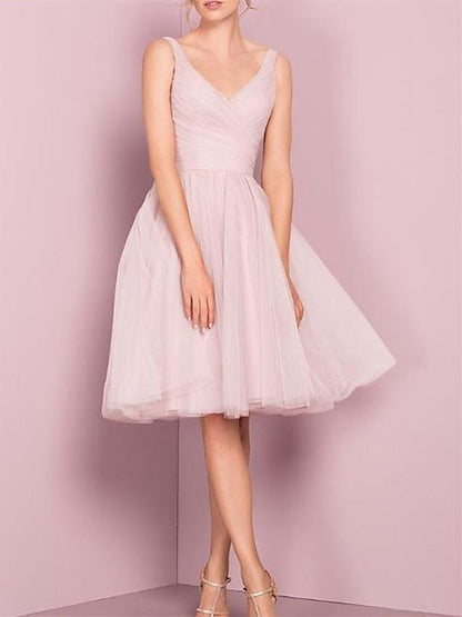 A-Line/Princess V Neck Sleeveless Tea-Length Cocktail Dresses with Pleats