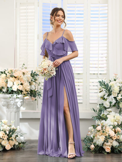 A-Line/Princess V-Neck Spaghetti Straps Floor-Length Bridesmaid Dresses with Pockets