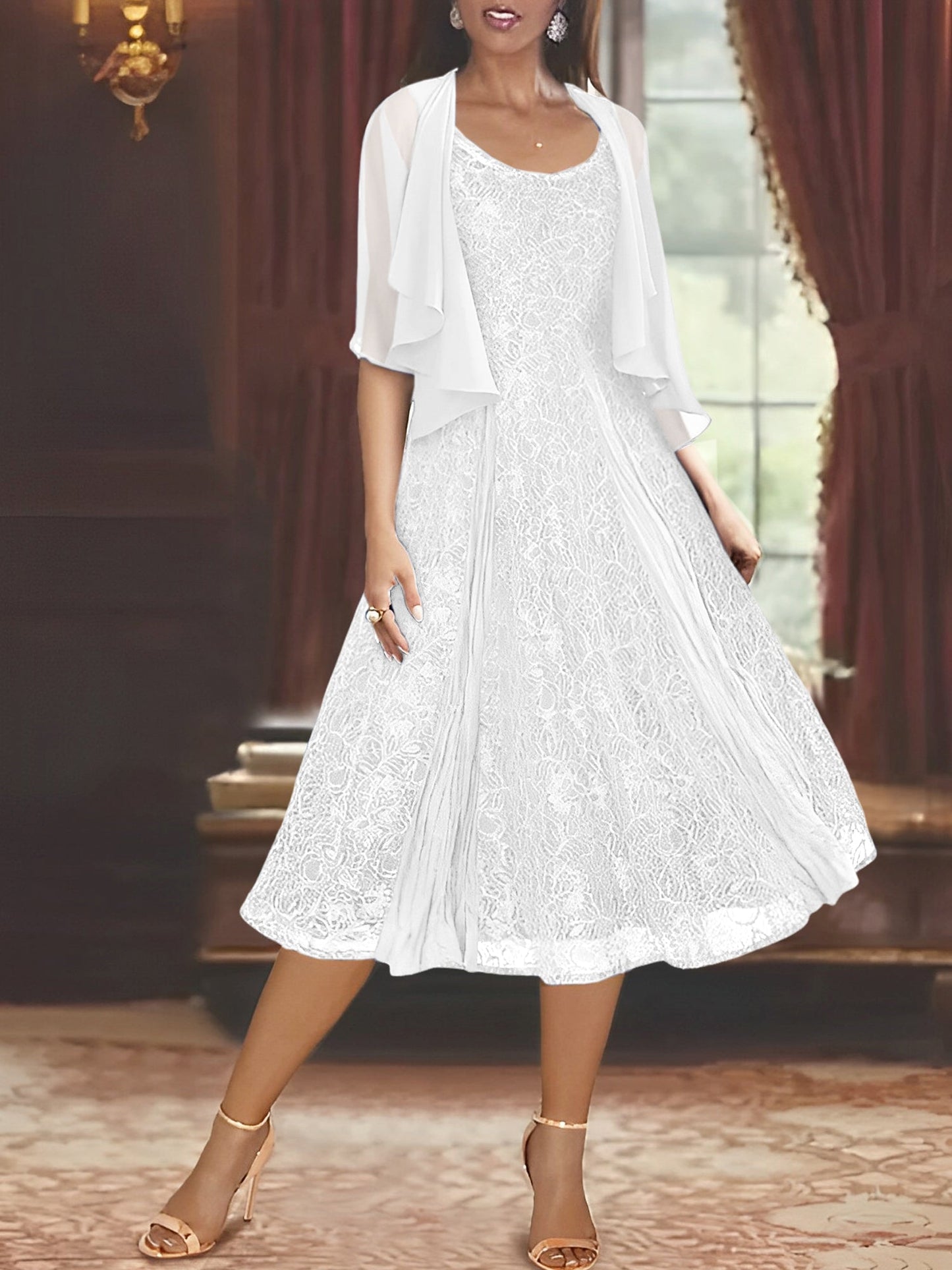 A-Line/Princess Scoop Half Sleeves Tea-Length Mother of the Bride Dresses with Appliques & Jacket