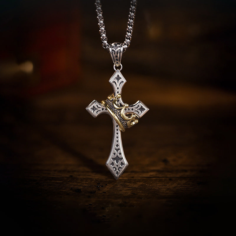 Men's Retro Metal Cross Crown Pendant Necklace