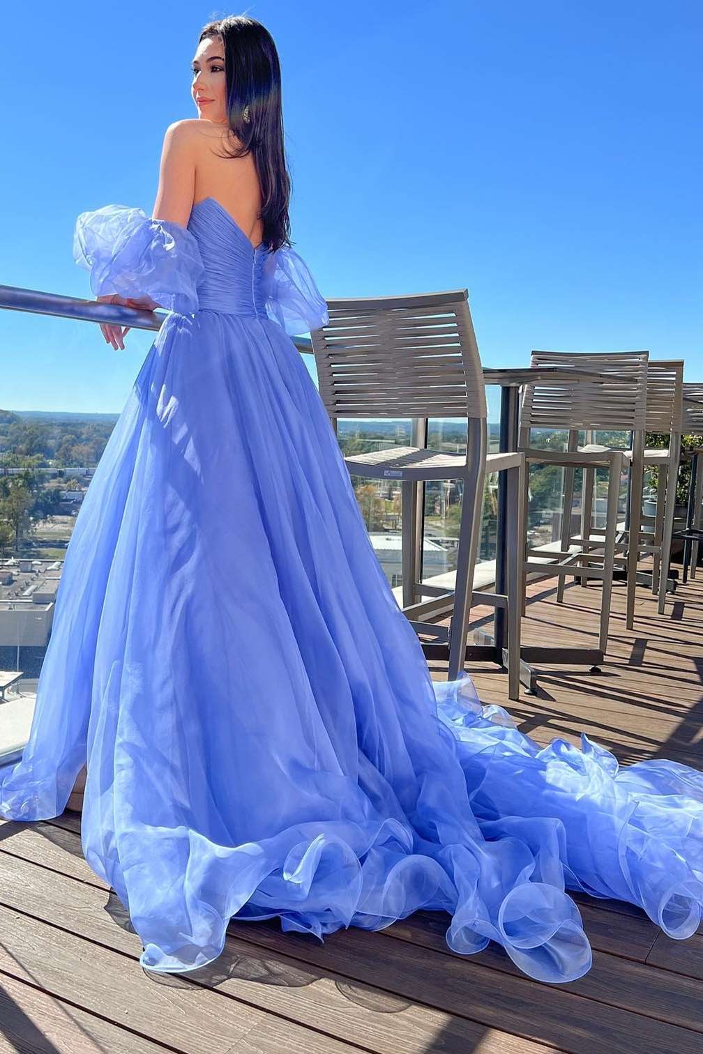 Lavender Strapless A-Line Prom Dress with Puff Sleeves