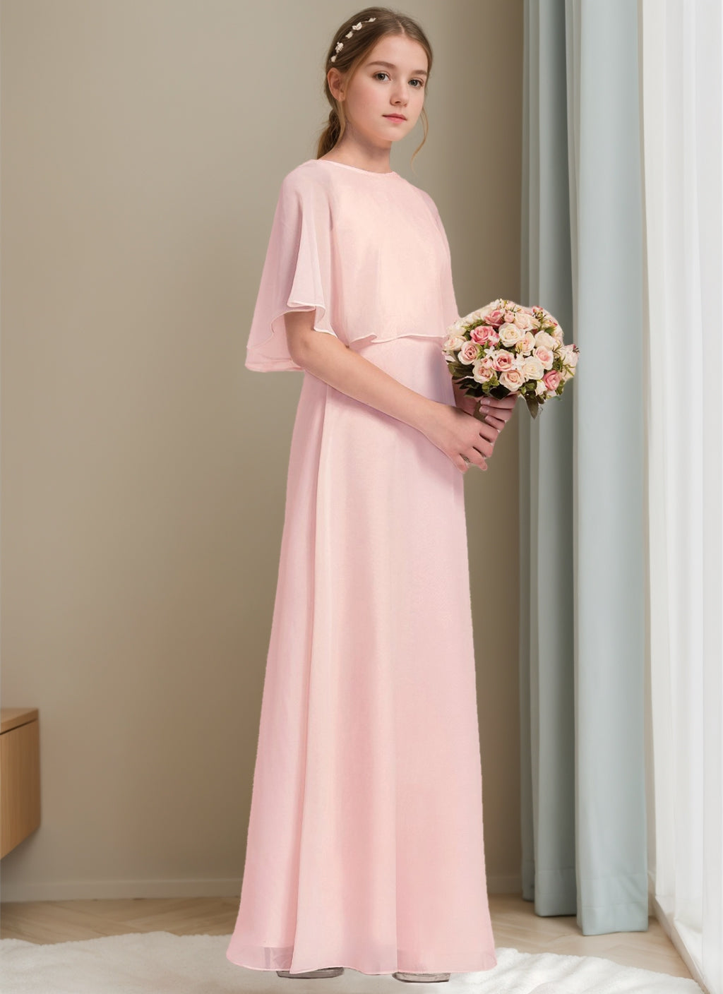 A-Line/Princess Round Neck Floor-Length Junior Girl Bridesmaid Dresses