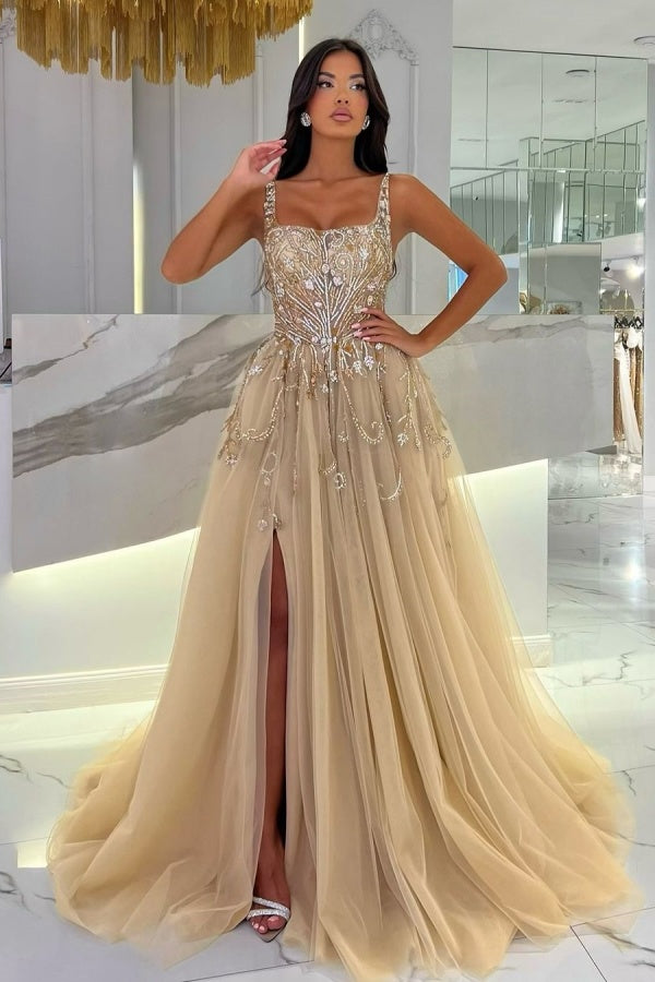 Champagne Square-Neck Exquisite Intarsia Mesh Prom Dress ZT0212