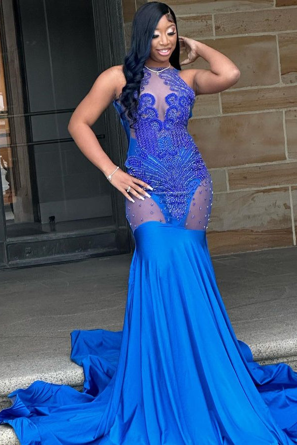 edgynewlook Royal Blue Beaded Mermaid Prom Dress Sequins With Appliques