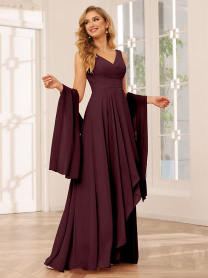 A-Line/Princess V-Neck Sleeveless Floor-Length Asymmetrical Bridesmaid Dresses with Ruffles