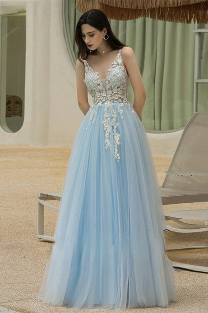 Edgynewlook Sky Blue Spaghetti-Straps Long Prom Dress With V-Neck Sweetheart Appliques