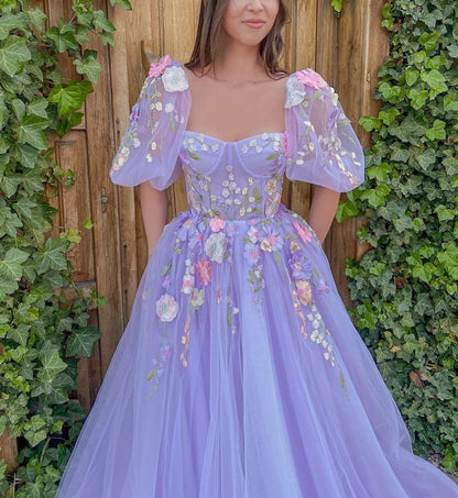 Elegant Floral Tulle 3D Flowers Prom Dresses With Bubble Sleeves