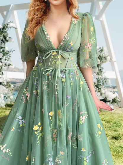 A-Line/Princess V-Neck Short Sleeves Floral Long Formal Prom Dresses With Flowers