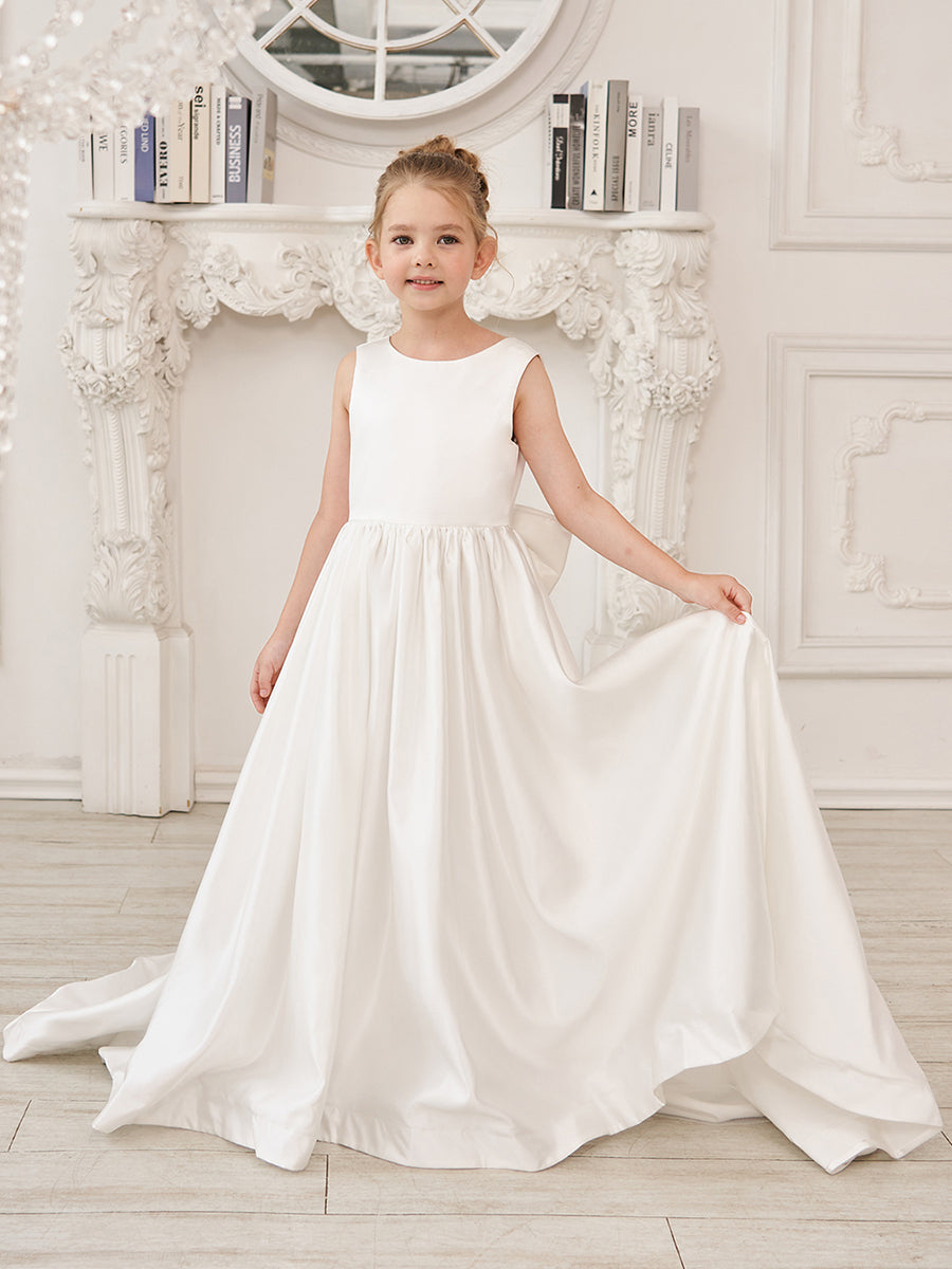 A-Line Princess Sleeveless Satin Flower Girl Dress with Sweep Train and Bow