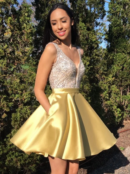 A Line V Neck Short Yellow Beaded Prom Dresses, Short Yellow Beaded Formal Homecoming Dresses gh1638