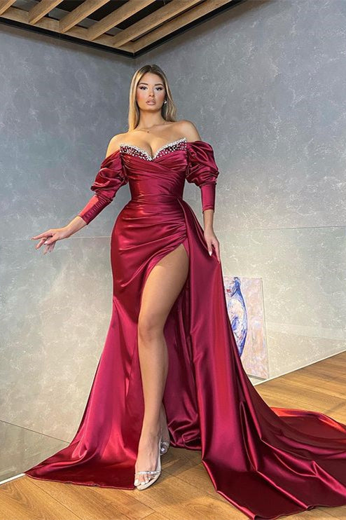 Burgundy Long Sleeves Mermaid Prom Dress Slit PD0466