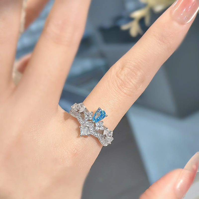 High-end Blue Rhinestone Crown Adjustable Ring