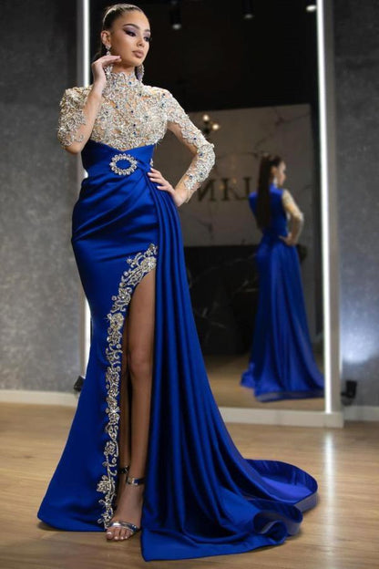 Royal Blue Long Sleeves Beadings Mermaid Prom Dress Split With Ruffles PD0878