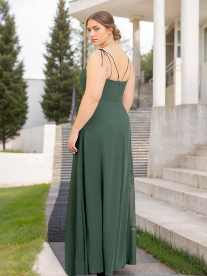 A Line/Princess Spaghetti Straps Sleeveless Floor-Length Unique Plus Size Bridesmaid Dresses with Split Side