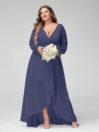 A-Line/Princess V-Neck Long Sleeves Asymmetrical Plus Size Bridesmaid Dresses with Pockets