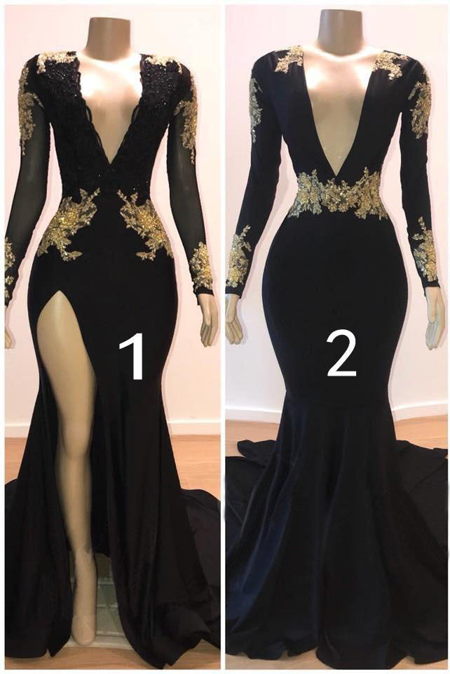 Long Sleeves Black Prom Dress With Gold Appliques PD030