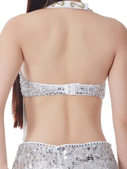 Sexy Belly Dancewear Halter Sequins Tassel Sleeveless Bra with Rhinestone & Beading