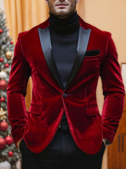 Red Men's Velvet Party Peak Neck Regular Single Breasted One-Button Blazer Jacket