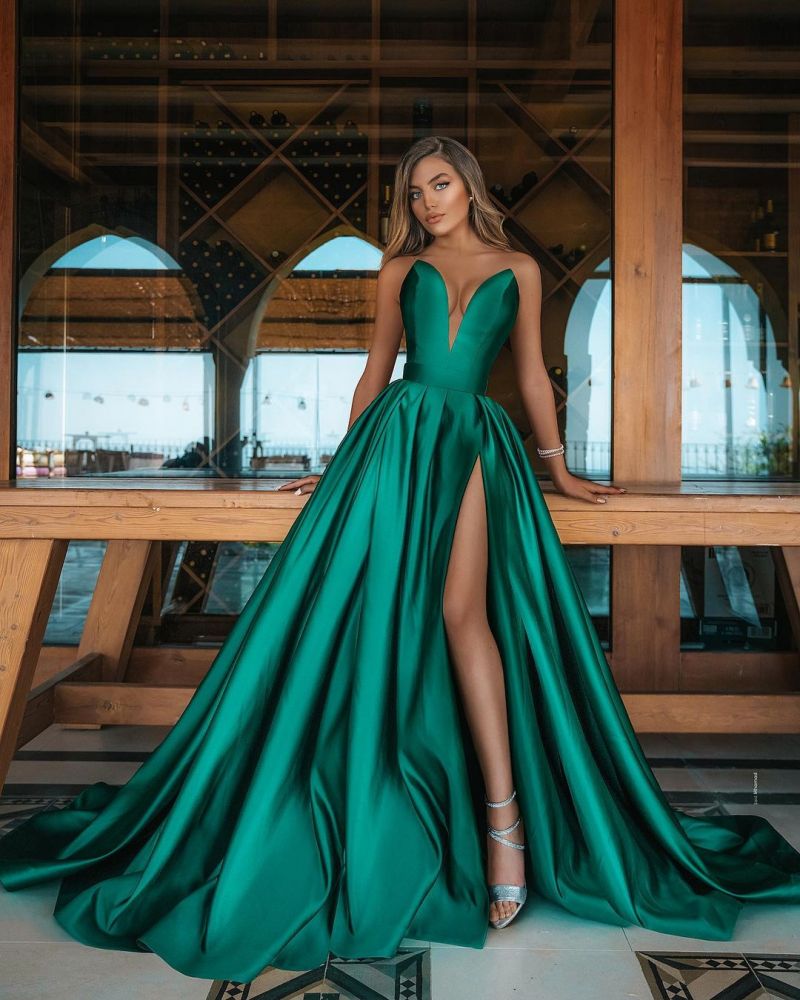 Emerald Green V-Neck Prom Dress Long With Split PD0652