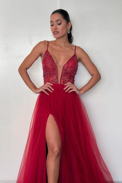 edgynewlook Shinning Red Tulle Sleeveless Spaghetti Strap Split Long Prom Dress with Applique