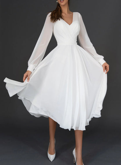 A-Line/Princess V-Neck Tea-Length Wedding Dress