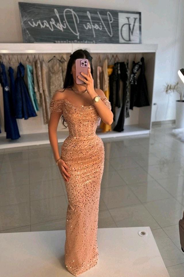 edgynewlook Glamorous Sequins Off the Shoulder Strapless Long Prom Dress with Pleated