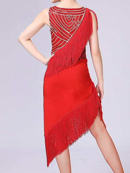 Women's Dancewear Latin Dance Dress Tassel Pure Color Splicing Performance Training Sleeveless