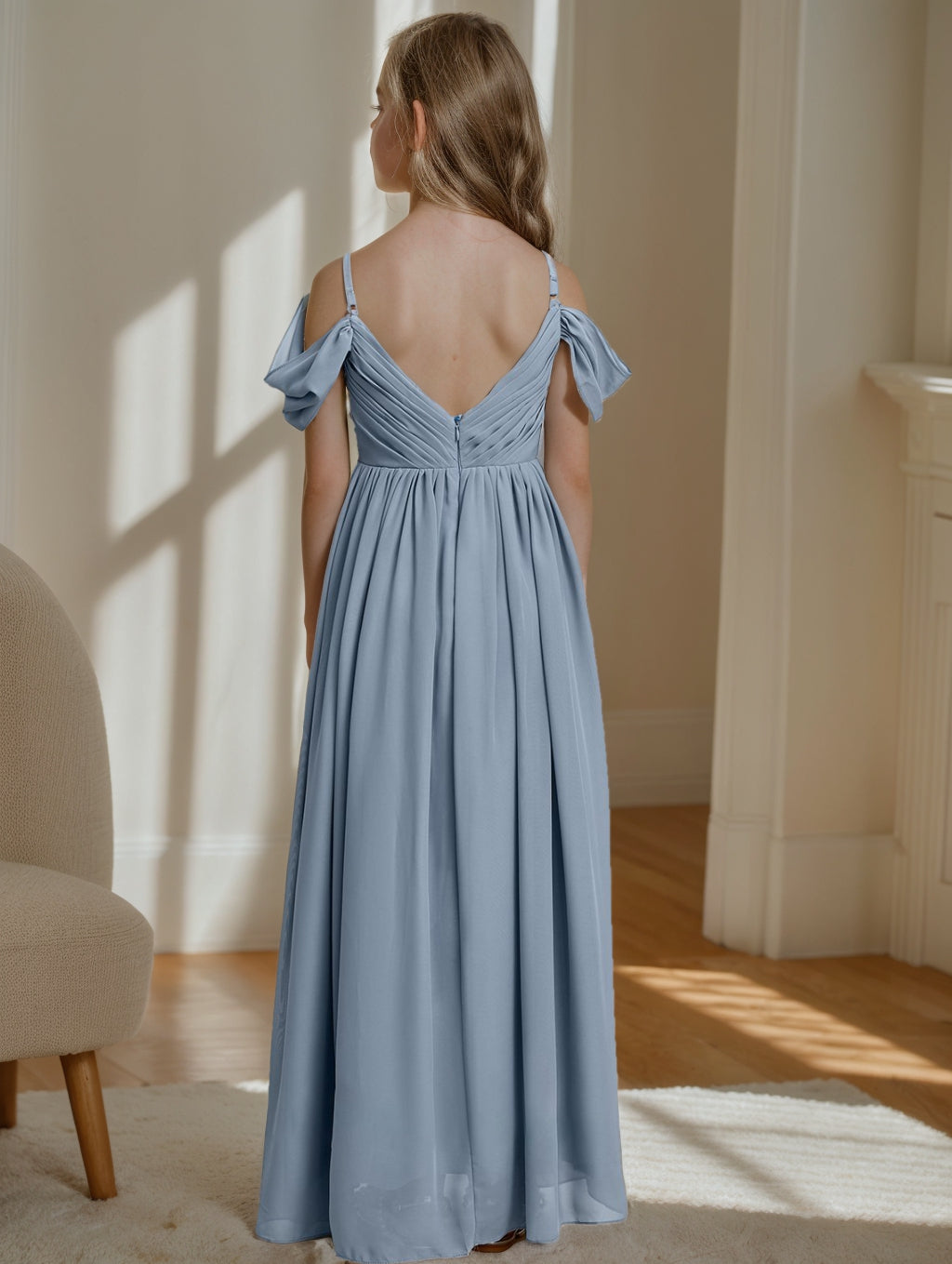 A-line/Princess Off-the-Shoulder V-Neck Junior Bridesmaid Dress with Pleats