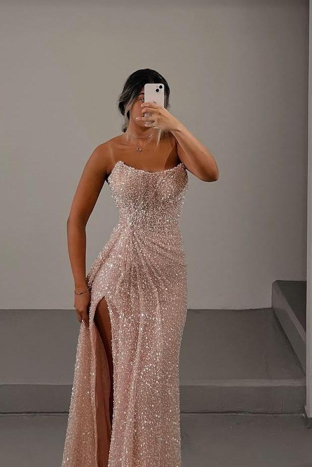 edgynewlook Glamorous Light Pink Sequins Strapless Sleeveless Long Prom Dress with Split