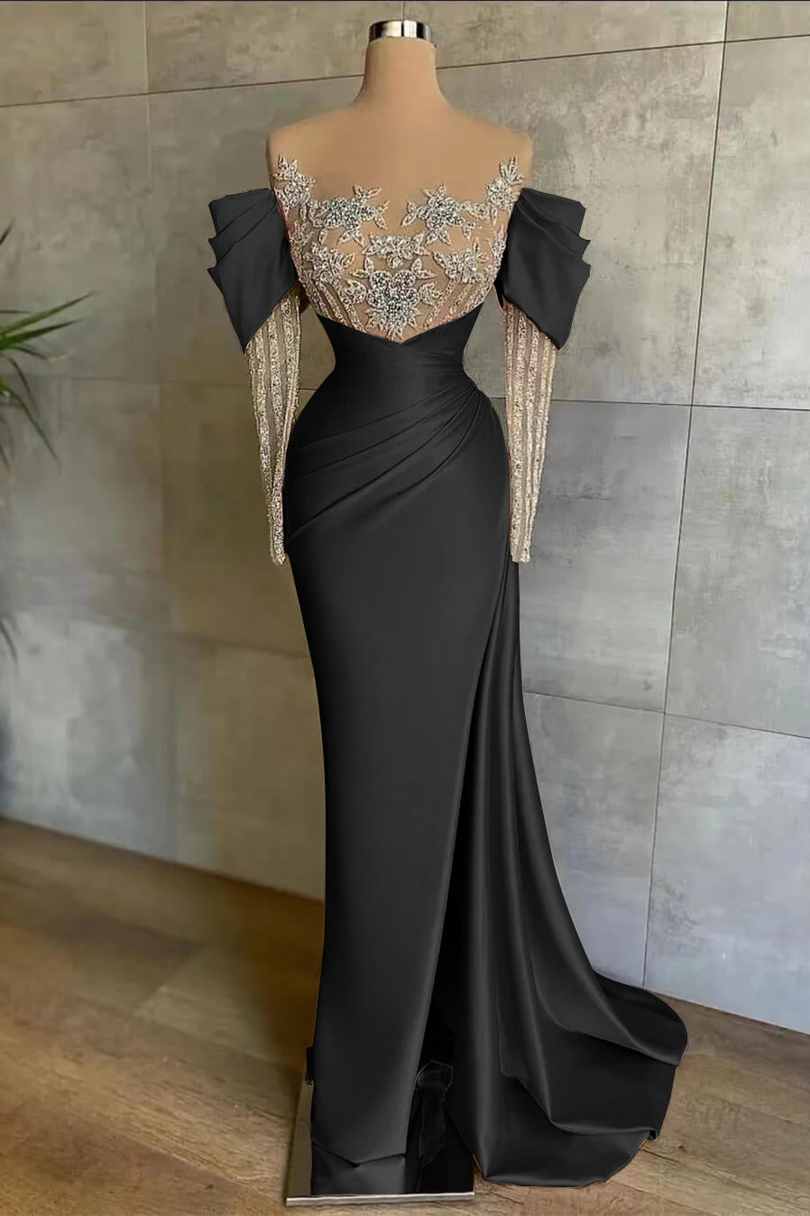 Pink Off-The-Shoulder Front Split Mermaid Long Sleeves Prom Dress Beadings With Appliques ED0148