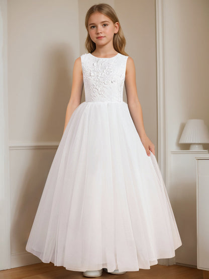 A-Line/Princess Round Neck Sleeveless Floor-Length Flower Girl Dress with Appliques